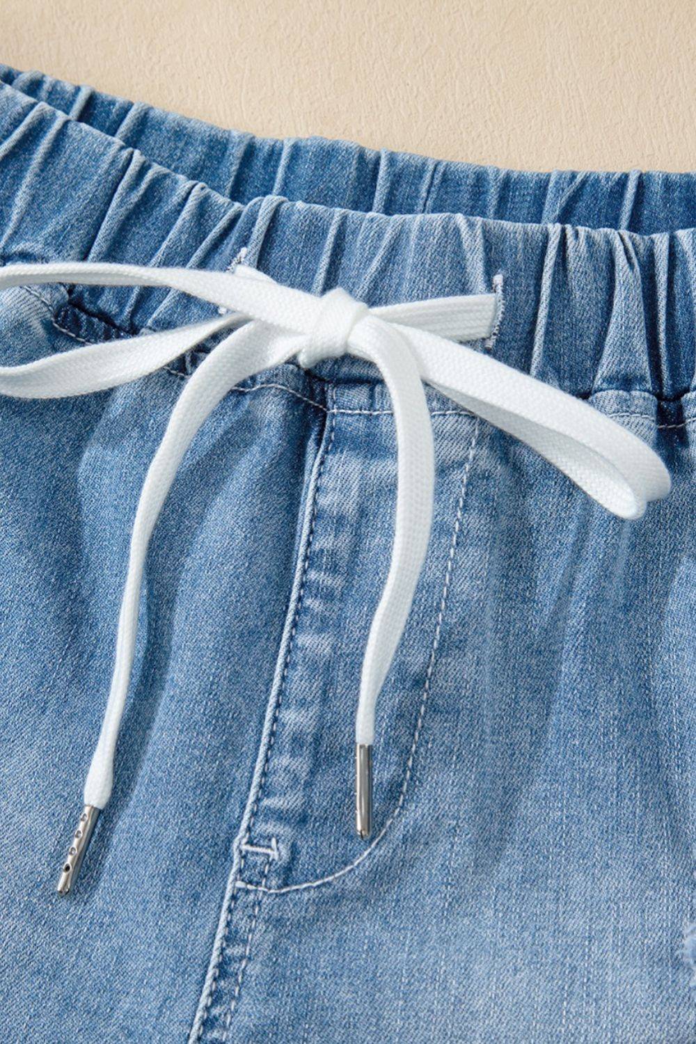 Drawstring High Waist Distressed Denim Shorts - Clothes For Her Online Store