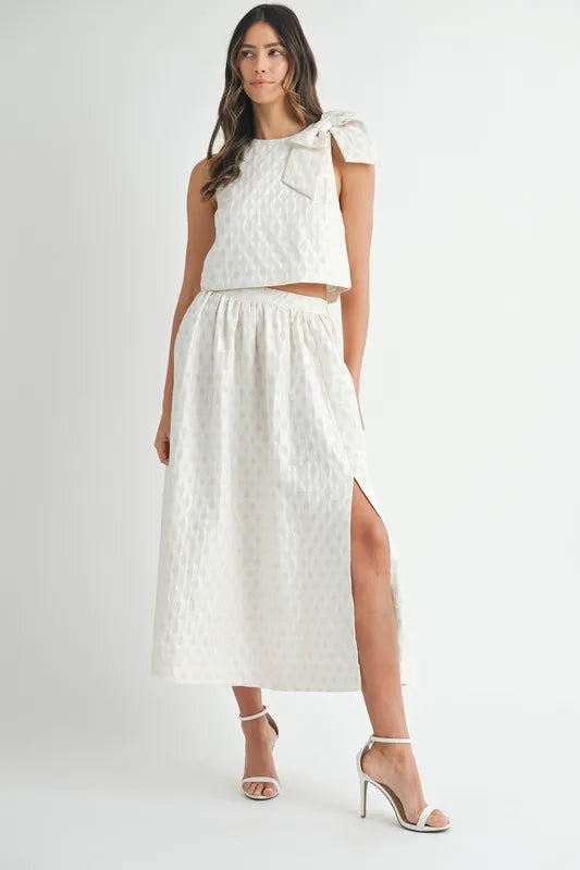 MABLE Taffeta Polka Dot Shoulder Ribbon Top and Skirt Set - Clothes For Her Online Store