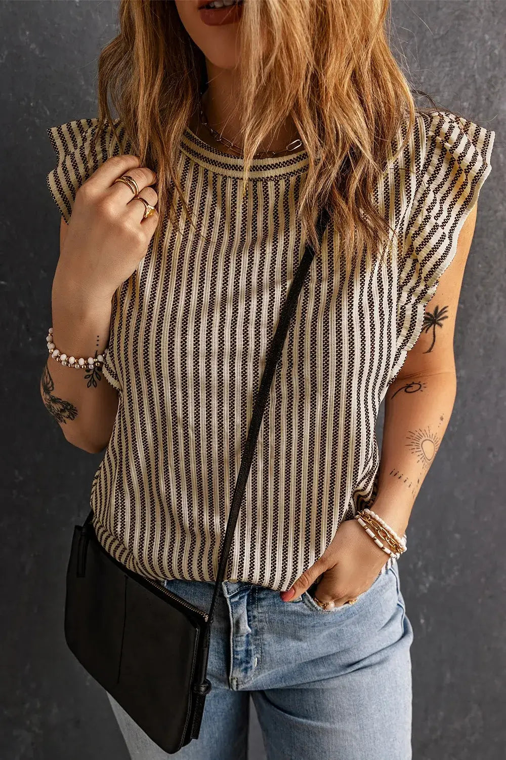 Ruffled Striped Round Neck Blouse