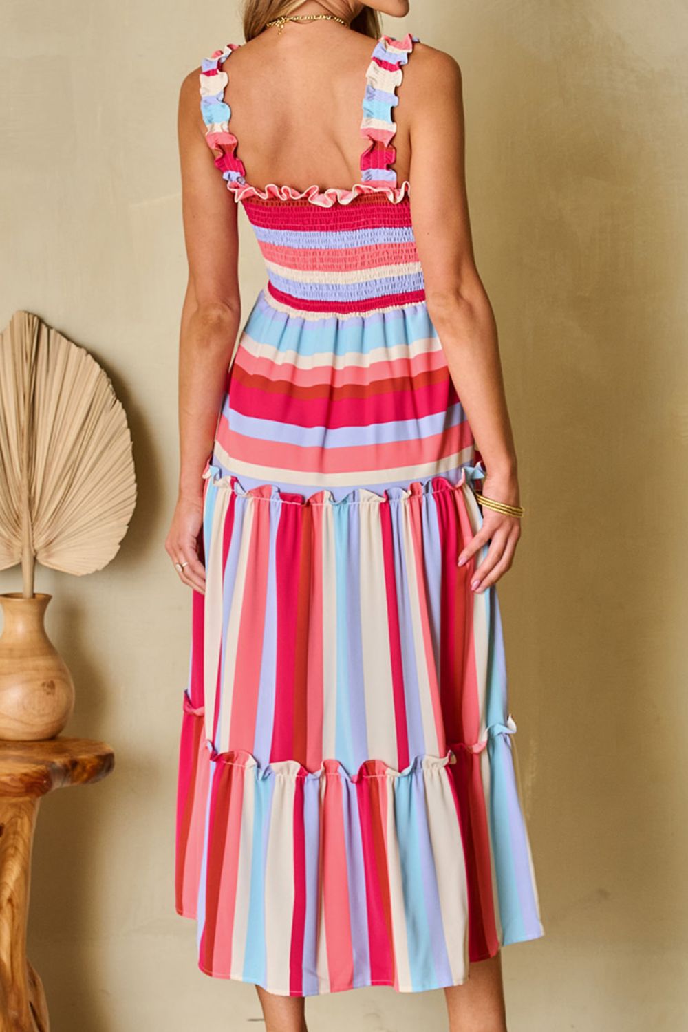 Contrast Stripe Wide Strap Smocked Tiered Dress