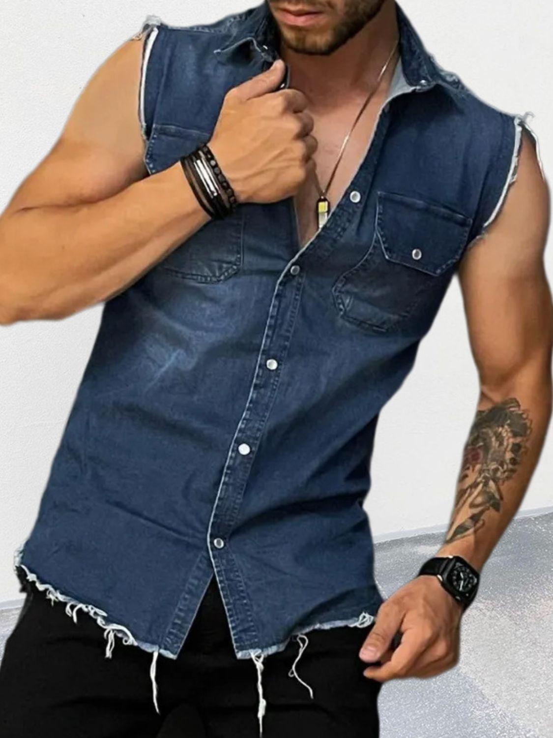 Men's Snap Down Sleeveless Denim Shirt - Clothes For Her Online Store