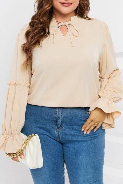 Plus Size Ruffled Tie Neck Flounce Sleeve Blouse - Clothes For Her Online Store