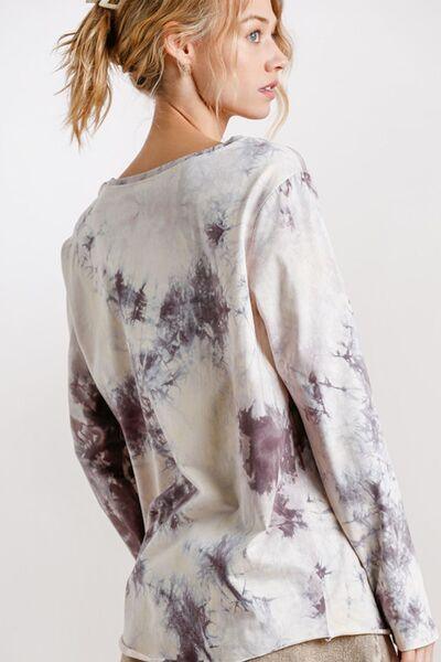 Umgee Full Size Tie Dye Front Gathered Detail Round Neck Long Sleeve T-Shirt Plus Size