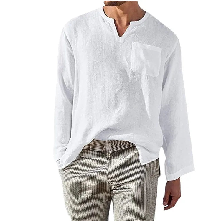 Men's Full Size Casual Notched Linen Long Sleeve Top Plus Size
