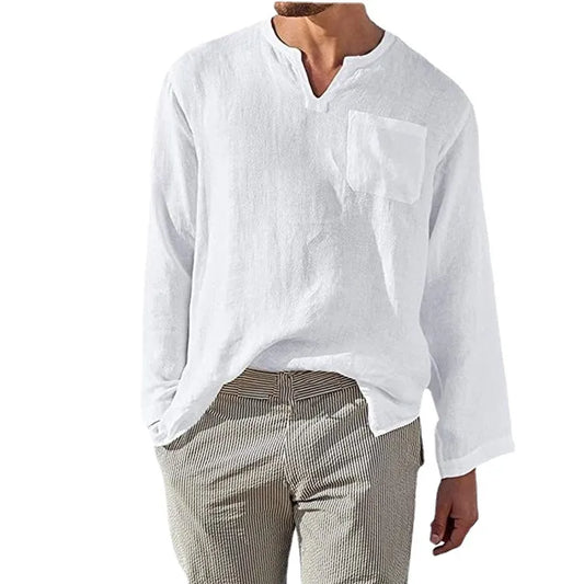 Men's Full Size Casual Notched Linen Long Sleeve Top Plus Size