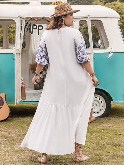 Plus Size Printed Tie Neck Half Sleeve Maxi Dress