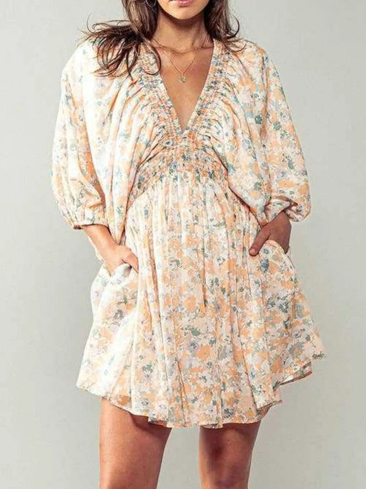 Floral V-Neck Balloon Sleeve Dress
