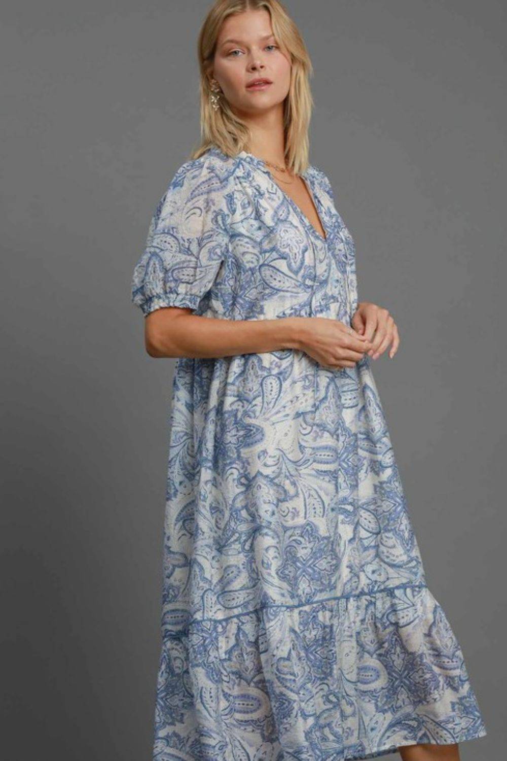 Umgee Full Size Printed Puff Short Sleeve Midi Dress Plus Size - Clothes For Her Online Store