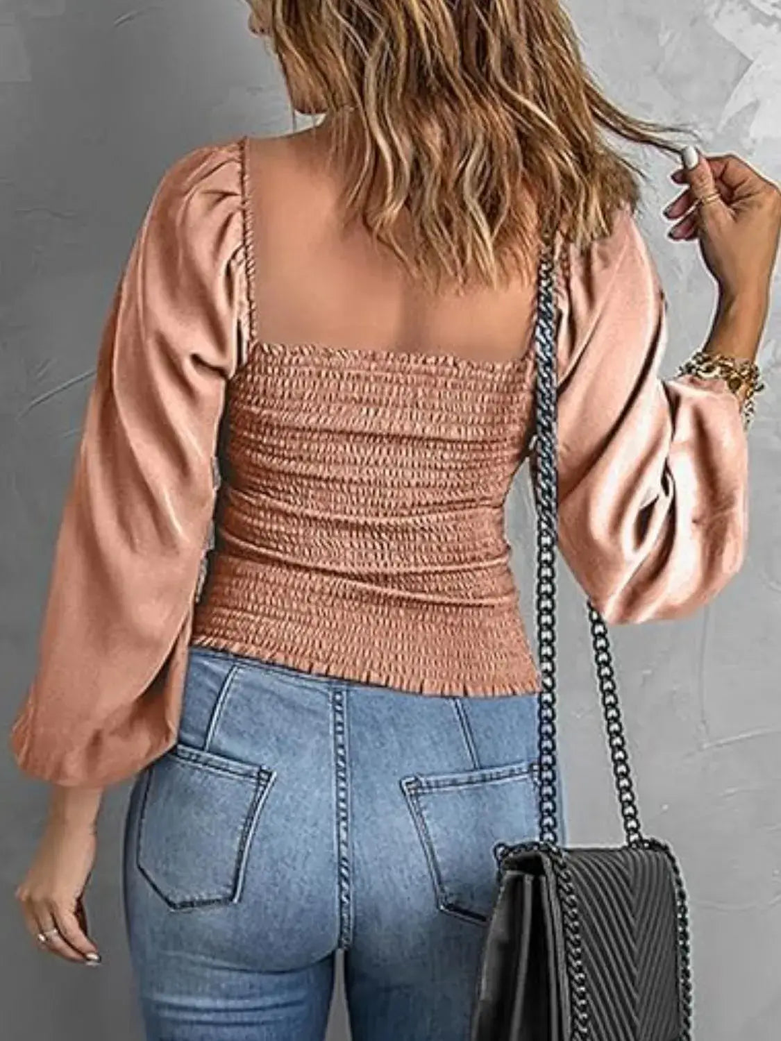 Smocked Square Neck Balloon Sleeve Blouse