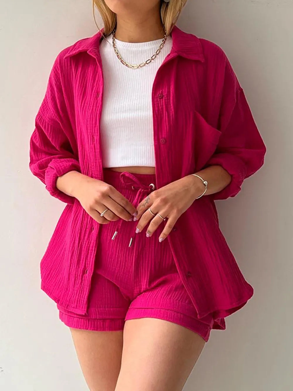 Texture Button Up Shirt and Drawstring Shorts Set - Clothes For Her Online Store
