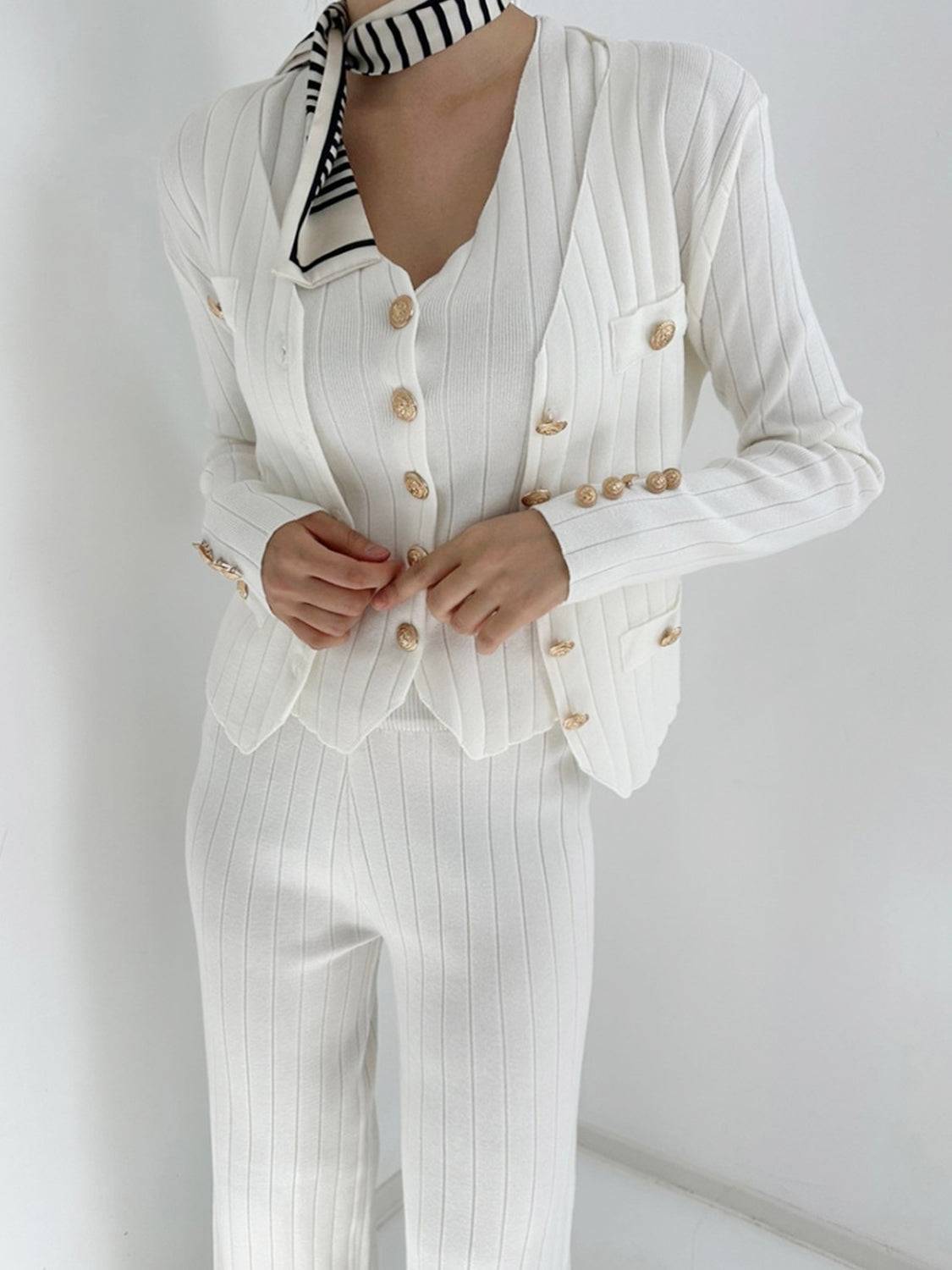 V-Neck Tank, Cardigan and Pants Three-Piece Sweater Set - Clothes For Her Online Store