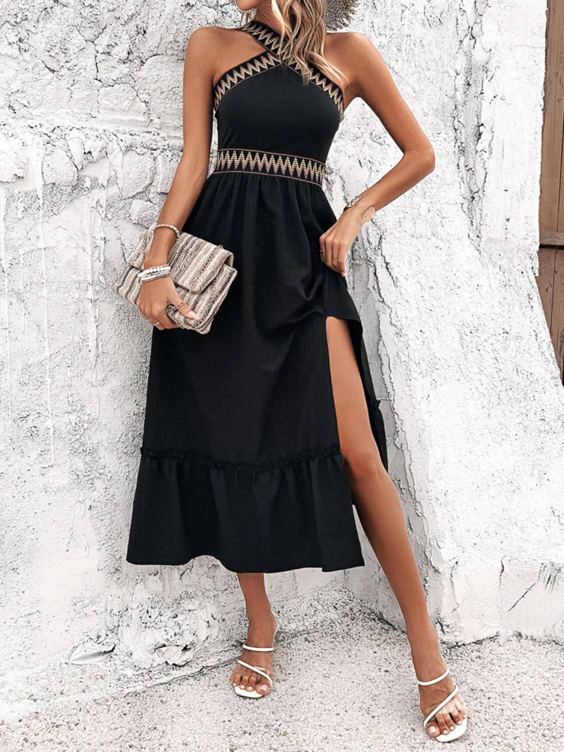 Devine Ruffled Slit Sleeveless Midi Dress