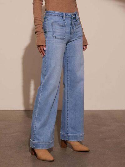 High Rise Front Pocket Patch Wide Leg Jeans