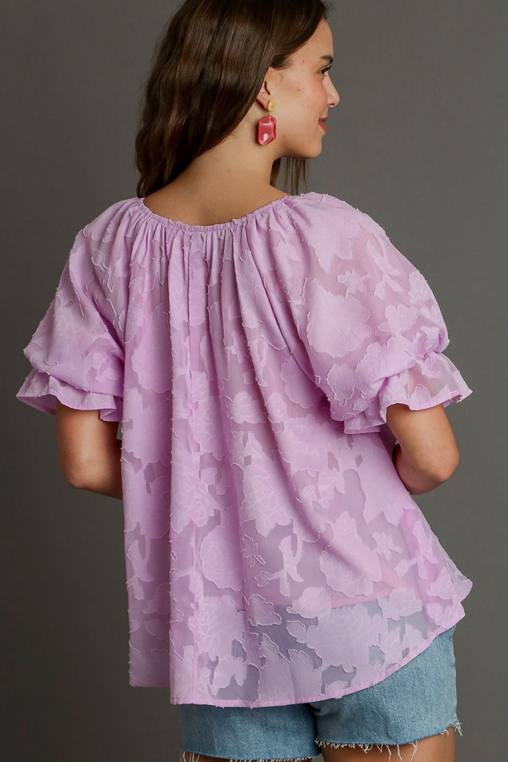Umgee Full Size Jacquard Round Neck Ruffled Puff Sleeve Blouse Plus Size - Clothes For Her Online Store