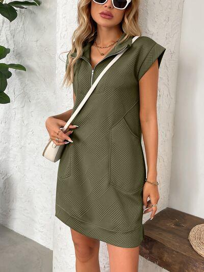 Texture Half Zip Cap Sleeve Mini Dress