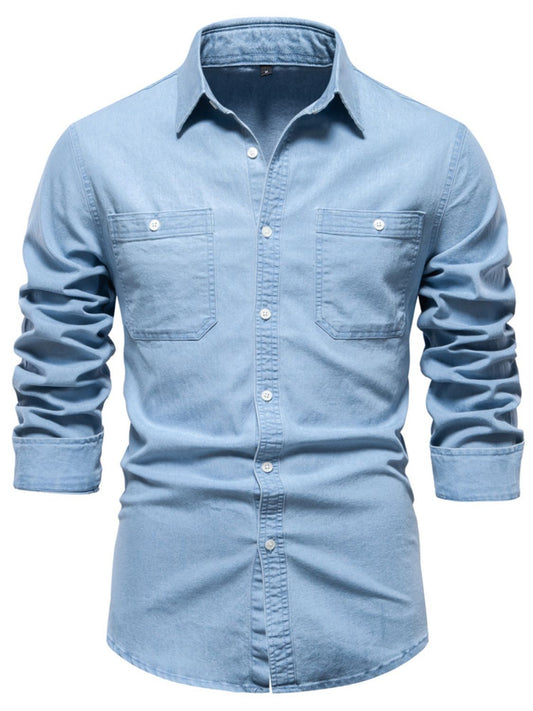 Men's Collared Neck Long Sleeve Denim Shirt - Clothes For Her Online Store