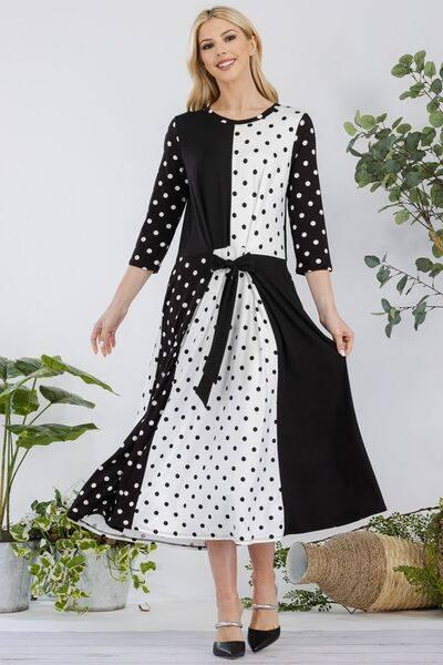 Celeste Full Size Polka Dot Front Tie Midi Dress Plus Size