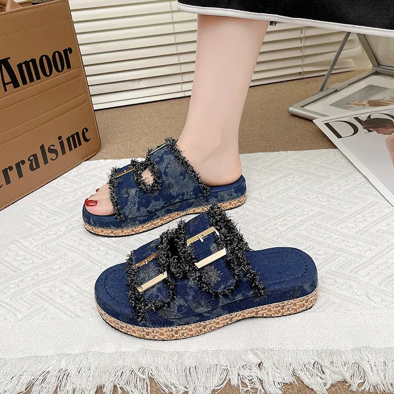 Open Toe Double Buckle Platform Sandals
