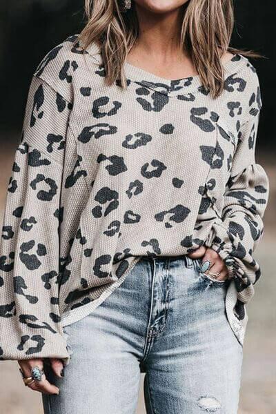 Plus Size Leopard V-Neck Dropped Shoulder T-Shirt - Clothes For Her Online Store