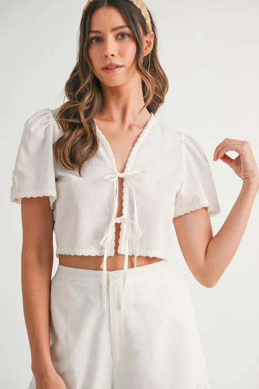 MABLE Crochet Lace Detail Crop Top and Shorts Set - Clothes For Her Online Store