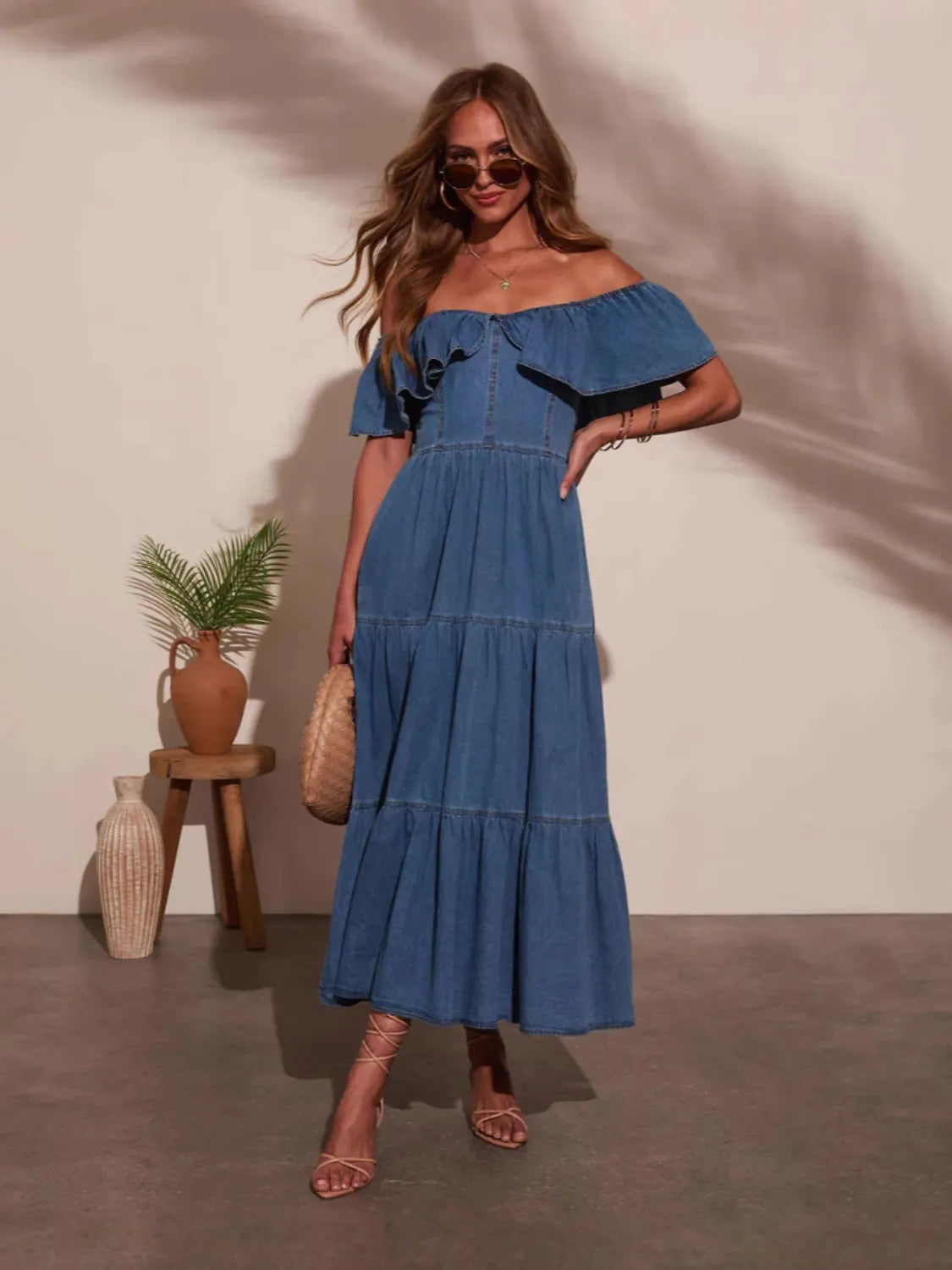 Off Shoulder Ruffle Tiered Denim Dress
