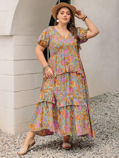 Plus Size Printed V-Neck Short Sleeve Maxi Dress