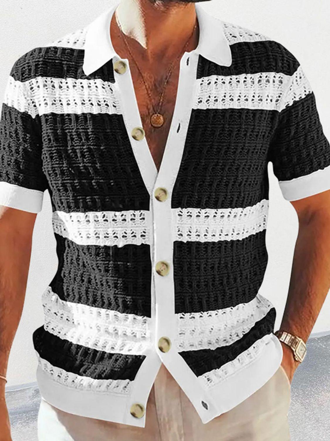 Men's Button Down Collared Neck Contrast Openwork Shirt - Clothes For Her Online Store