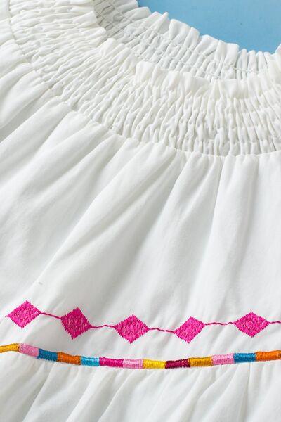 Smocked Neck Embroidered Puff Sleeve Top