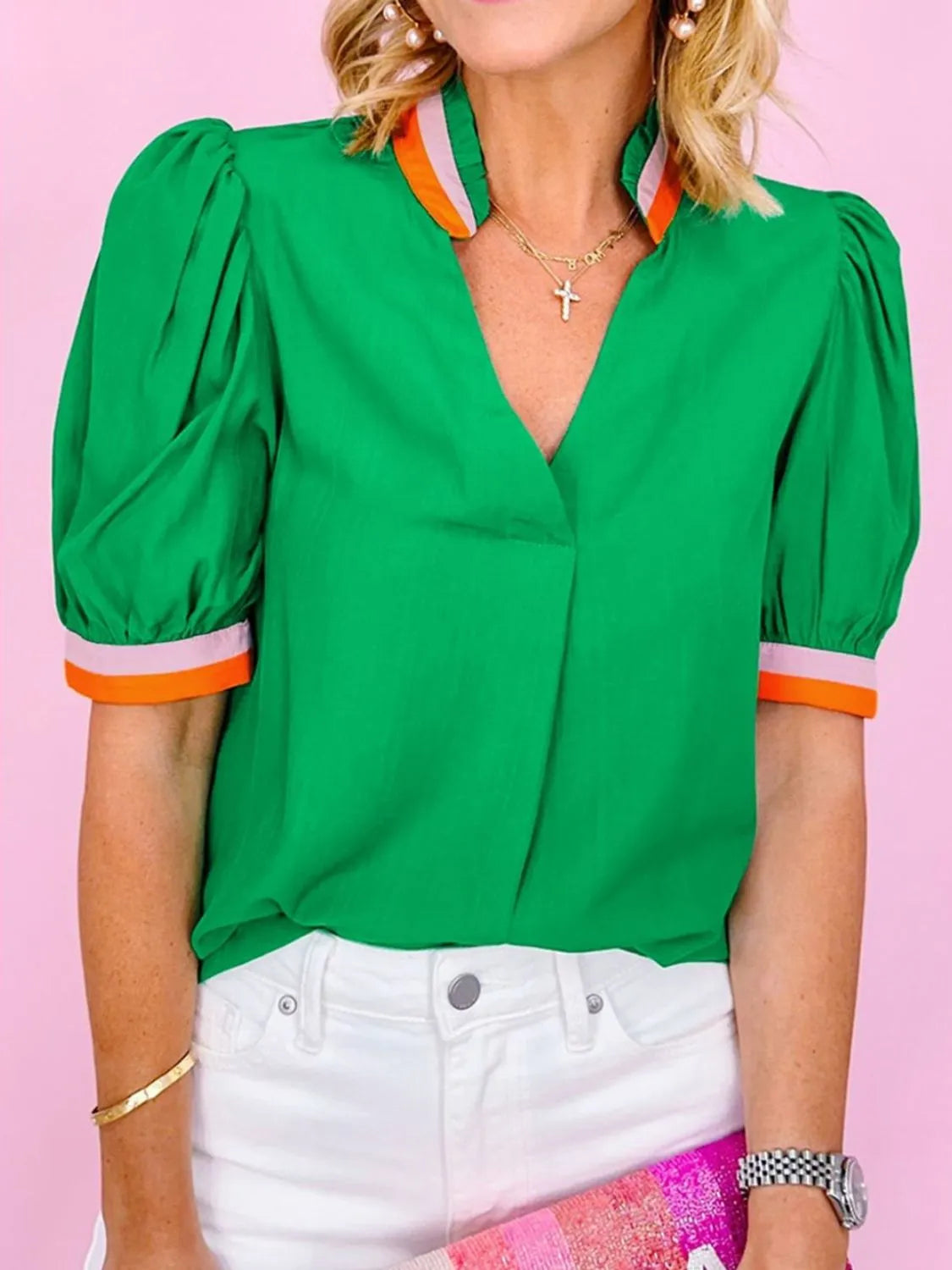 Carrot Colorful Trim V Neck Short Sleeve Blouse