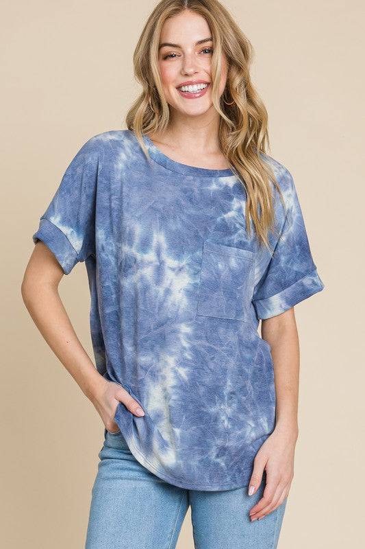 BOMBOM Tie-Dye Round Neck Short Sleeve T-Shirt - Clothes For Her Online Store