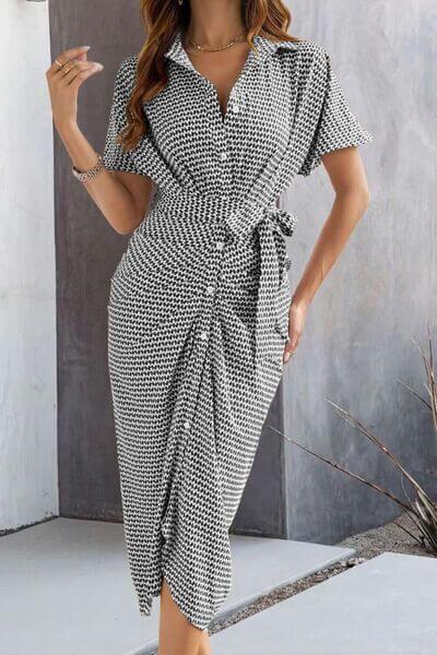 Devine Collared Neck Short Sleeve Midi Shirt Dress - Clothes For Her Online Store