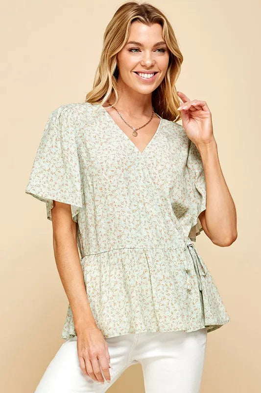 Lime 'N' Chili Ditsy Print V-Neck Short Sleeve Wrap Blouse