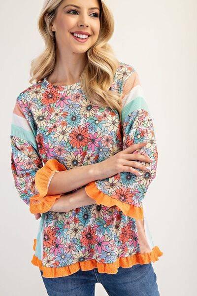 Celeste Full Size Ruffle Sleeve Floral Color Block Top Plus Size