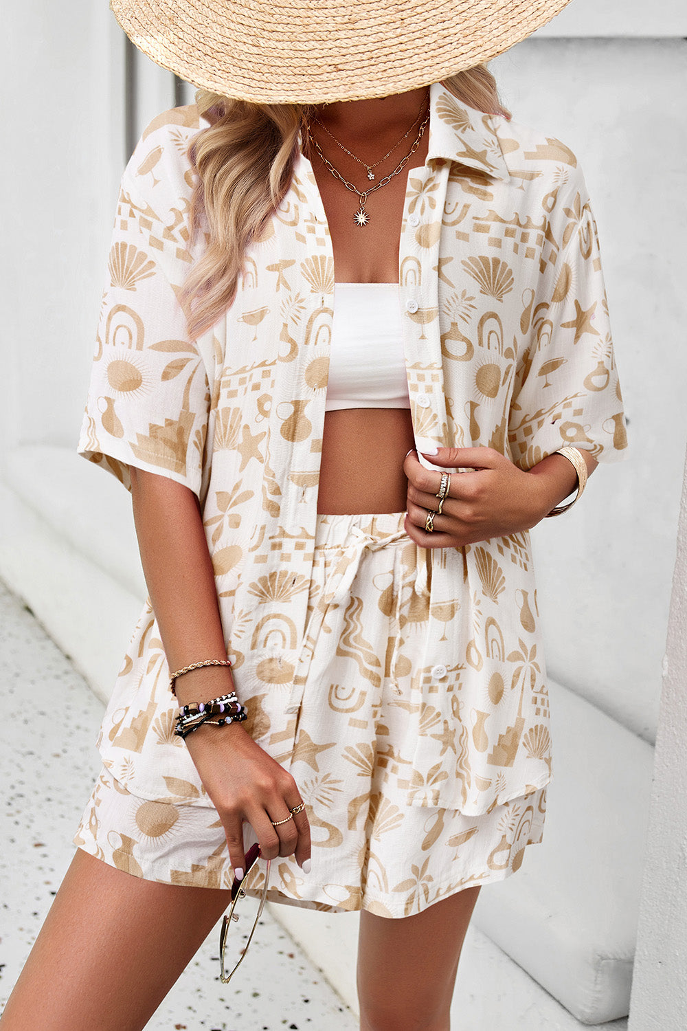 Devine Printed Button Up Shirt and Shorts Set - Clothes For Her Online Store
