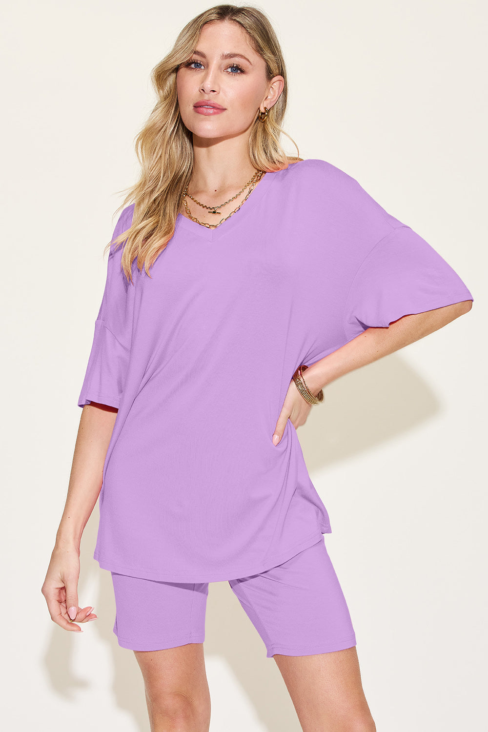 Basic Bae Bamboo Full Size V-Neck Drop Shoulder T-Shirt and Shorts Set - Clothes For Her Online Store