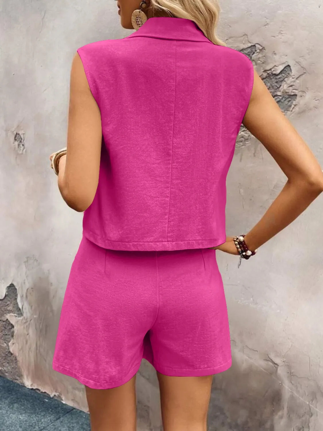 One Button Sleeveless Top and Shorts Set - Clothes For Her Online Store