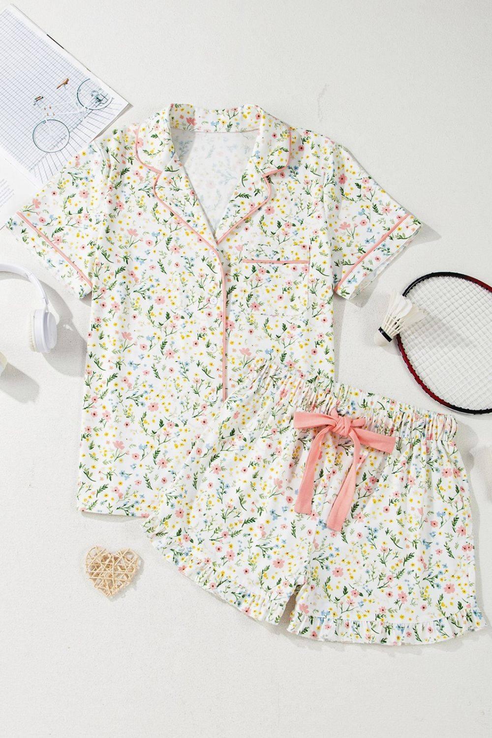 Printed Button Up Short Sleeve Top and Shorts Lounge Set