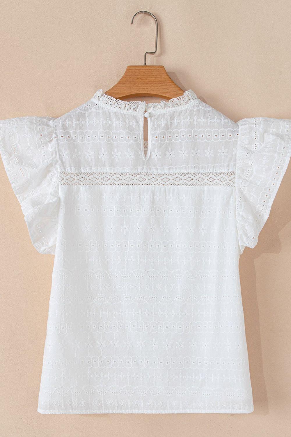 Lace Round Neck Flutter Sleeve Eyelet Blouse