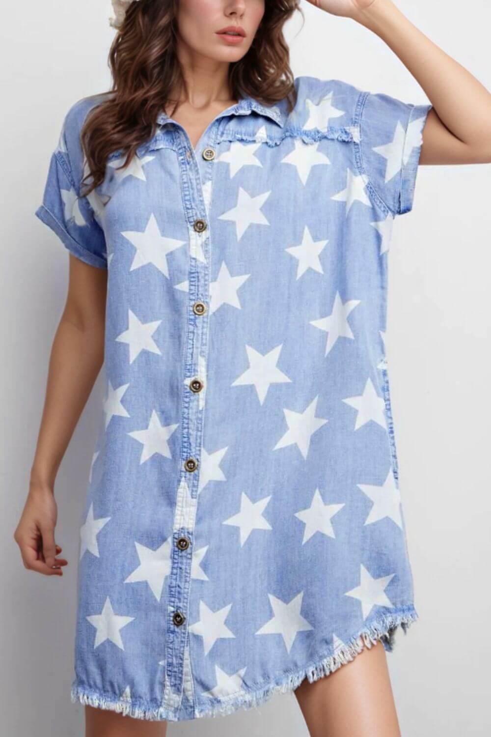 Stars Frayed Hem Collared Short Sleeve Denim Dress