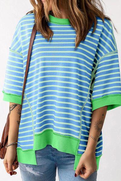 Stripe Oversized Contrast Trim Exposed Seam High Low T Shirt