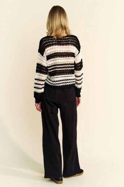 Davi & Dani Contrast Striped Crochet Drop Shoulder Knit Cover Up - Clothes For Her Online Store
