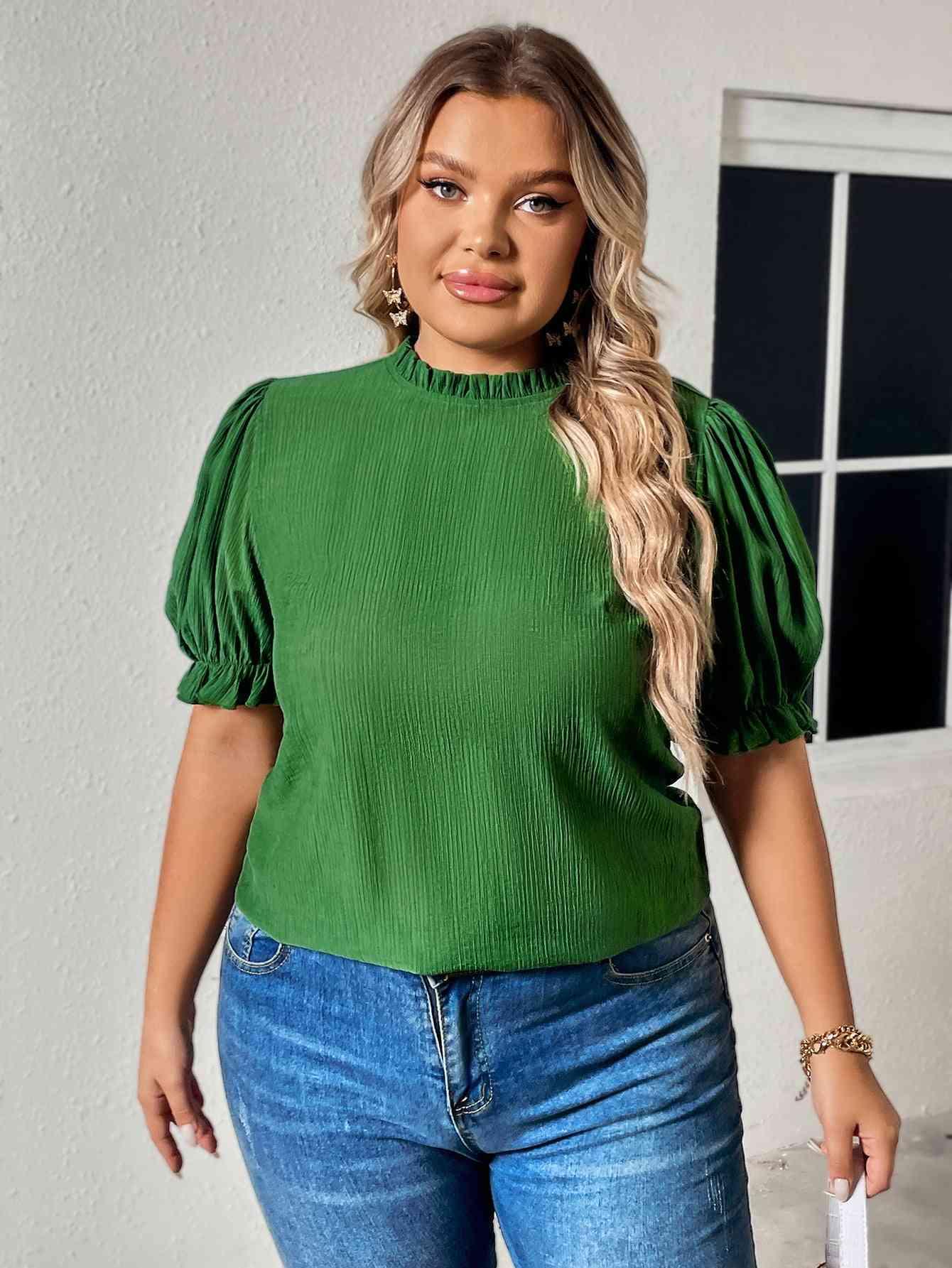 Honey Plus Size Round Neck Flounce Sleeve Blouse - Clothes For Her Online Store