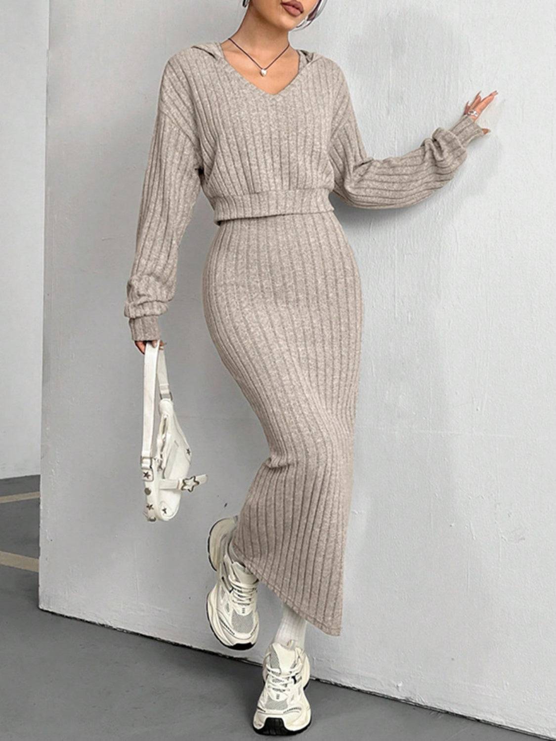 Ribbed Cropped Hooded Top and V-Neck Tank Dress Set - Clothes For Her Online Store