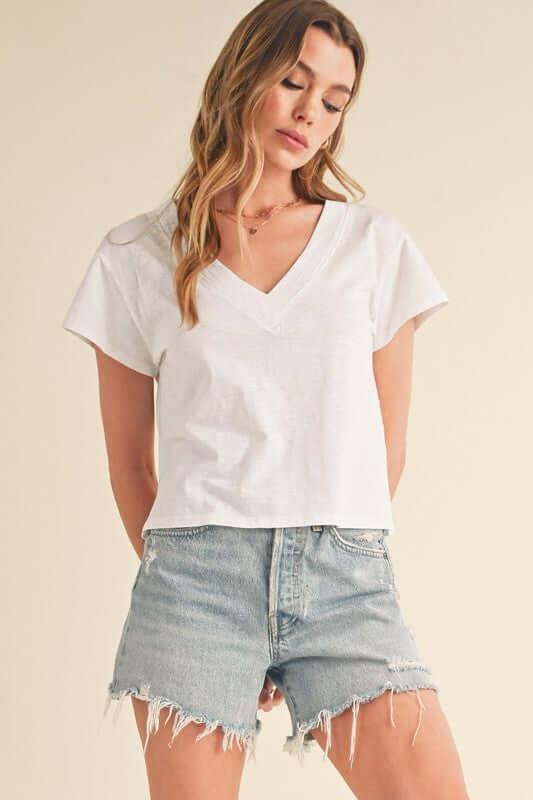 Aemi + Co Side Slit V-Neck Short Sleeve Cropped T-Shirt