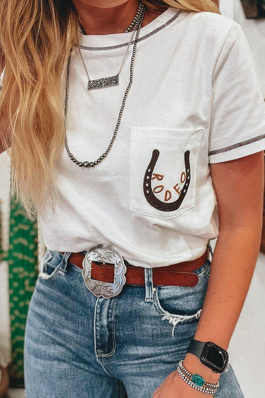 RODEO Horseshoe Embroidered Patch Pocket T-hirt - Clothes For Her Online Store