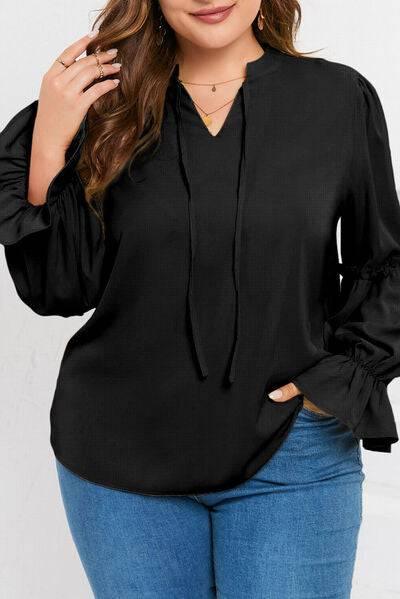 Plus Size Ruffled Tie Neck Flounce Sleeve Blouse