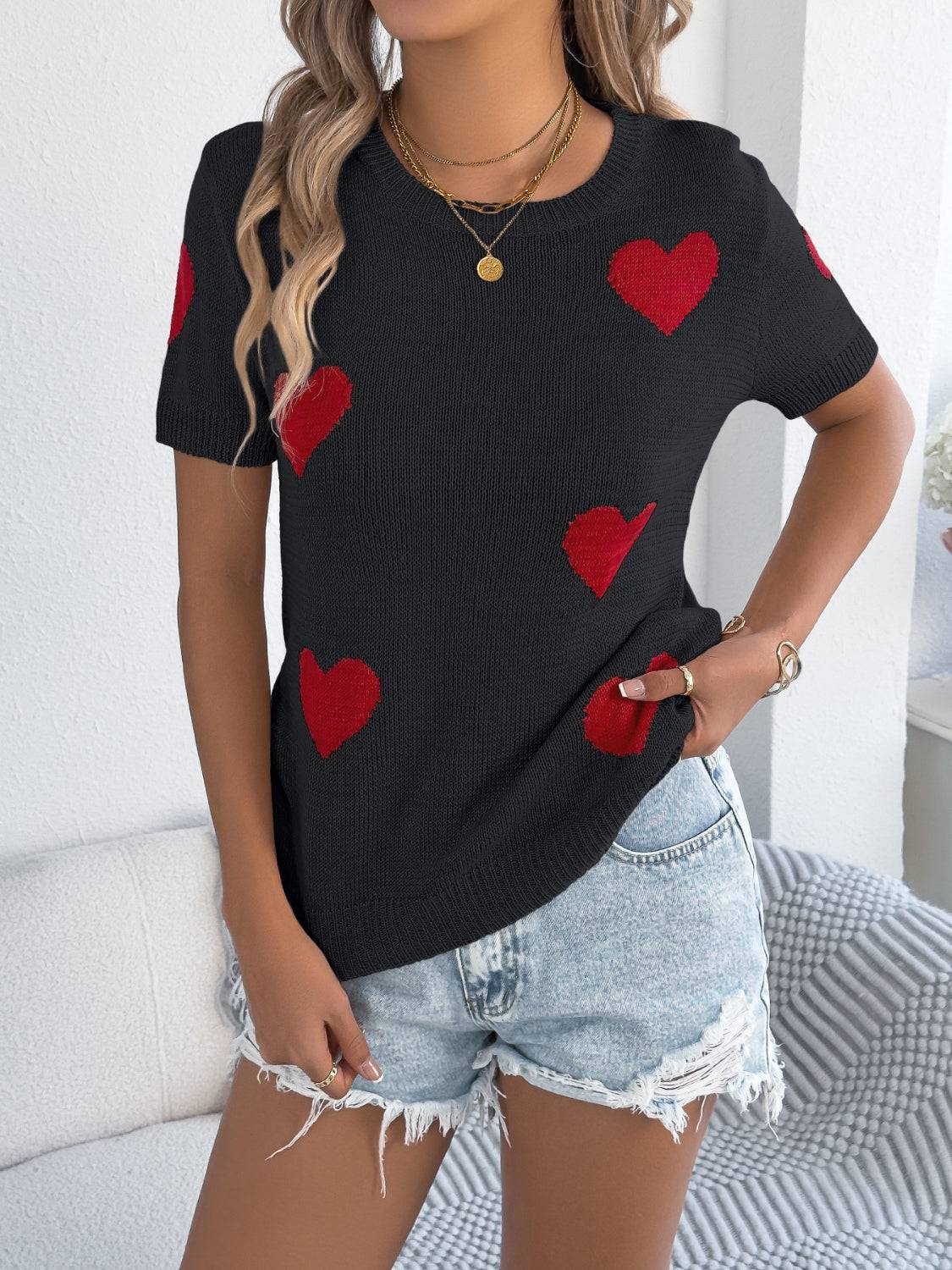 Heart Round Neck Short Sleeve Knit Top - Clothes For Her Online Store