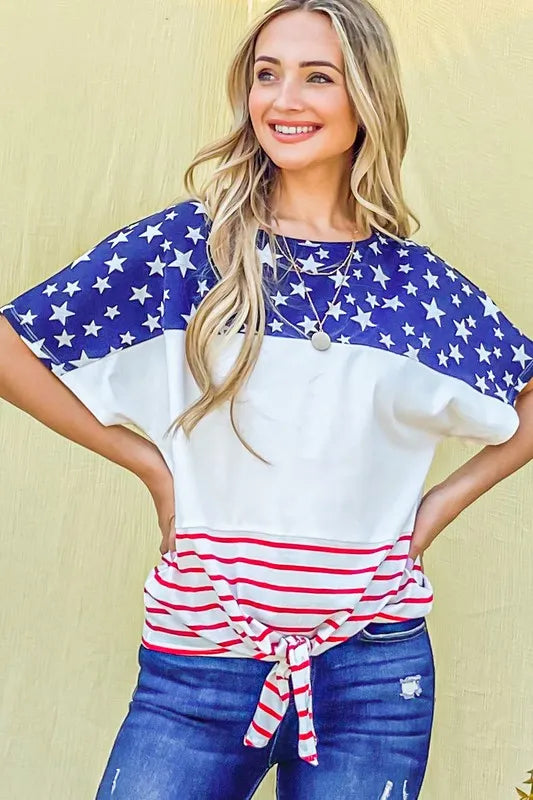 And The Why American Flag Print Tie Knot Front Casual Top
