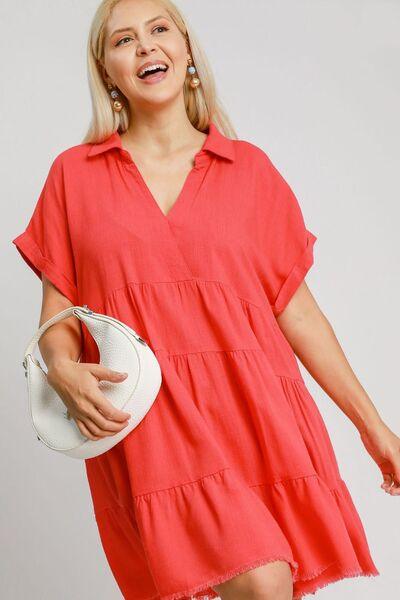 Umgee Full Size Raw Hem Folded Sleeve Tiered Dress Plus Size