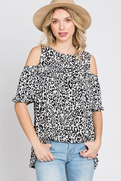 Heimish Full Size Leopard Round Neck Cold Shoulder T-Shirt Plus Size - Clothes For Her Online Store